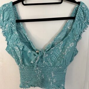 Floral Ruffle Sleeve Smocked Top - Teal